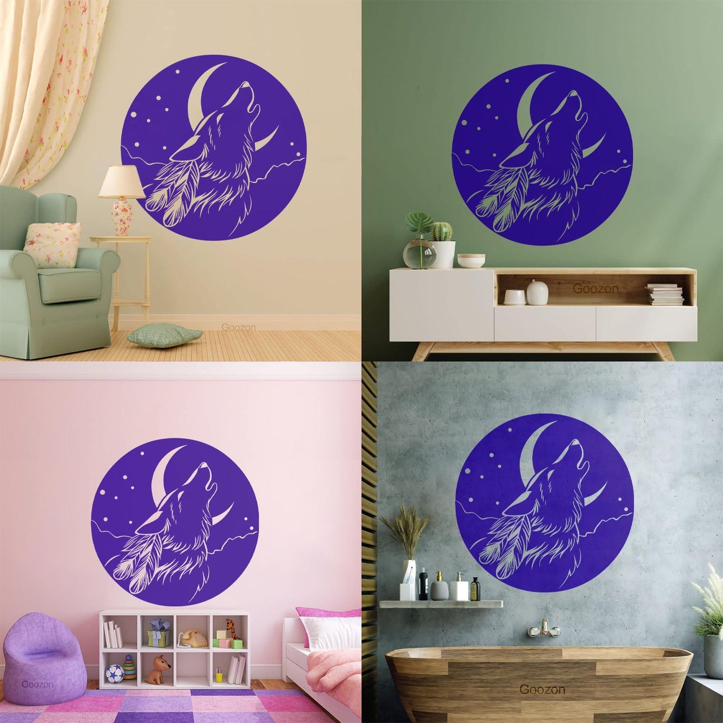 Vinyl Wall Stickers Abstract Moon Howling Wolf Head Feathers Multi Color Selection