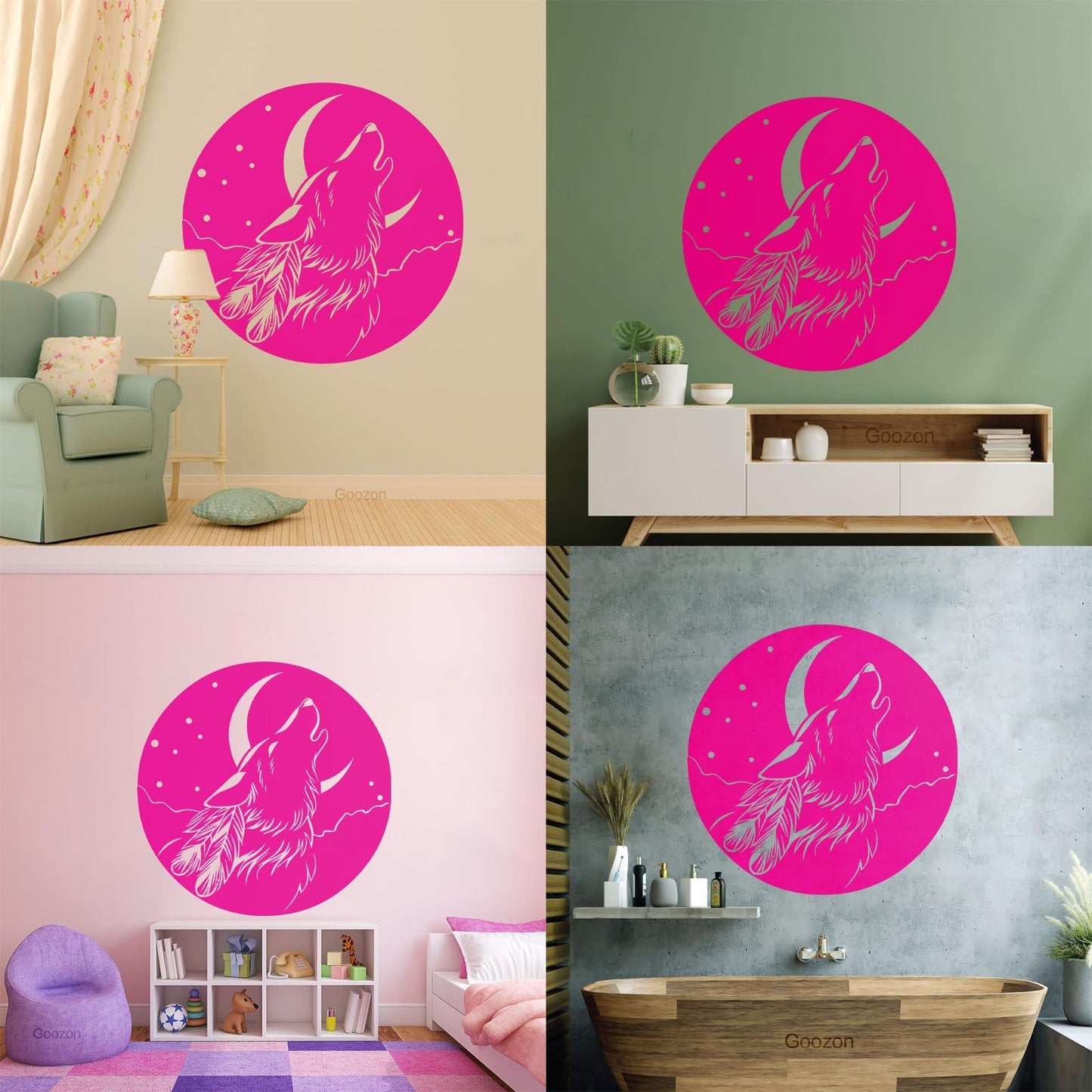 Vinyl Wall Stickers Abstract Moon Howling Wolf Head Feathers Multi Color Selection