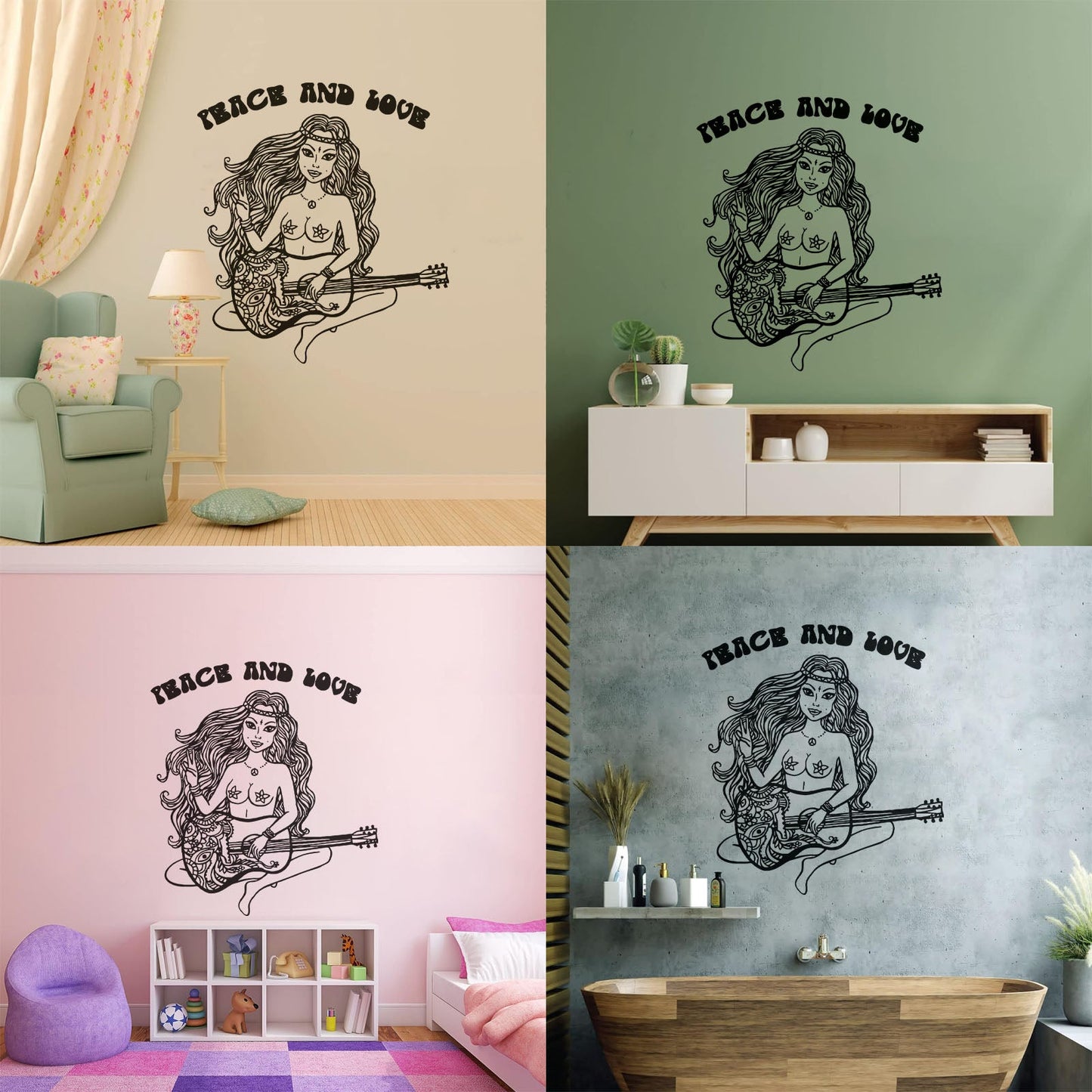 Lettering Decals Beautiful Hippie Girl With Guitar Can Modify And Add Information