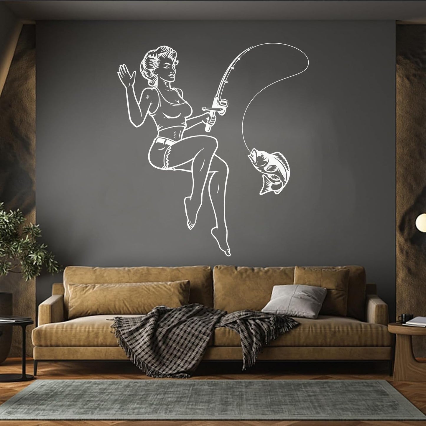 Fisher Pin Up Appeal Woman Fishing Catching Fish Wall Decals Personalized Customization