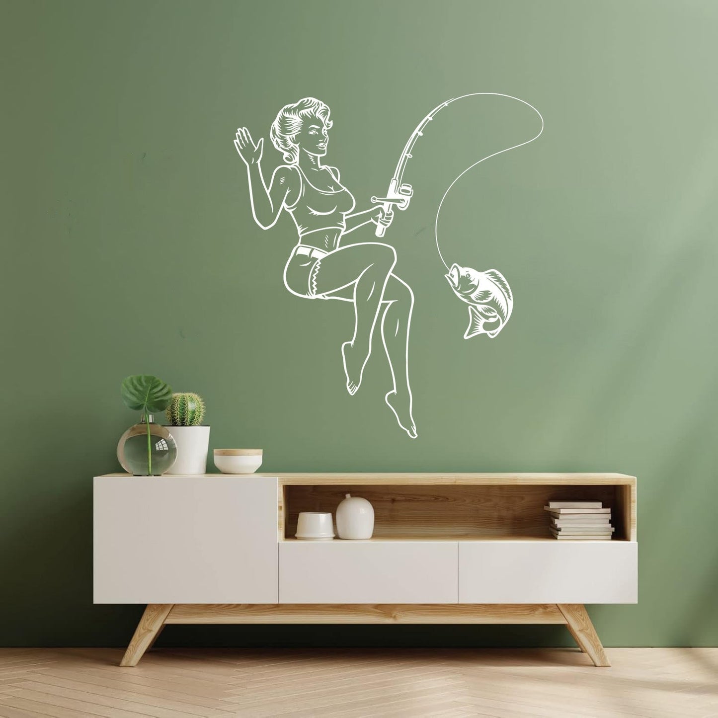 Fisher Pin Up Appeal Woman Fishing Catching Fish Wall Decals Personalized Customization