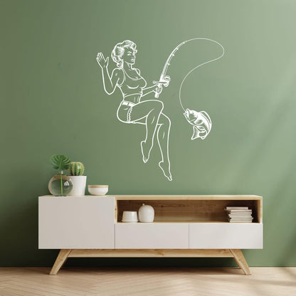 Fisher Pin Up Appeal Woman Fishing Catching Fish Wall Decals Personalized Customization
