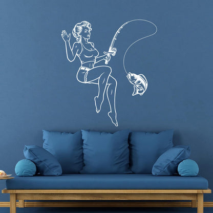Fisher Pin Up Appeal Woman Fishing Catching Fish Wall Decals Personalized Customization