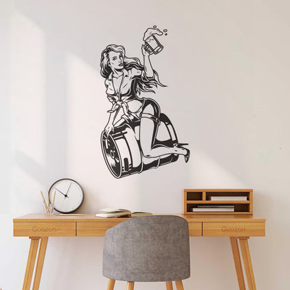 Wall Decals Pin Up Appeal Girl Sitting Beer Barrel Pub Bar Equipped With Transfer Film Kit