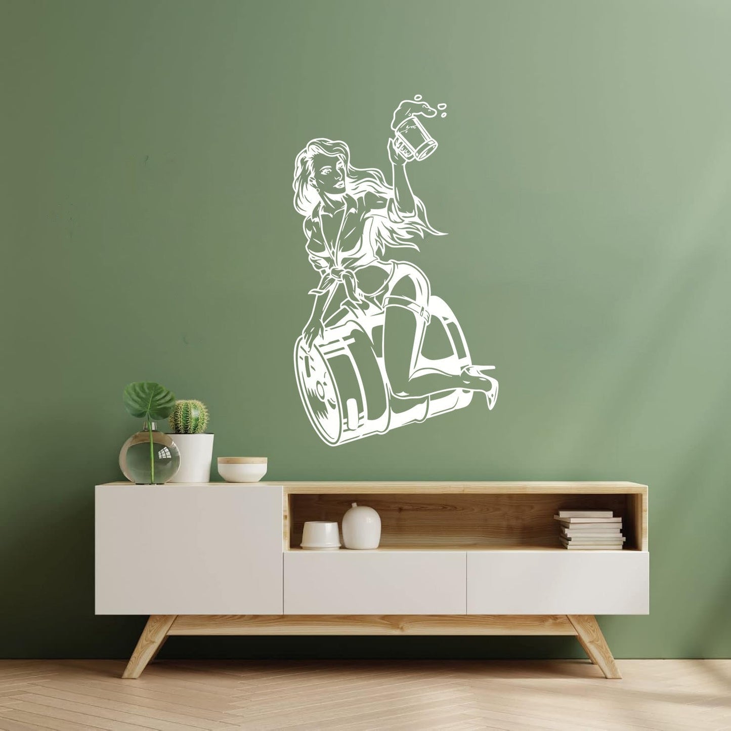 Wall Decals Pin Up Appeal Girl Sitting Beer Barrel Pub Bar Equipped With Transfer Film Kit