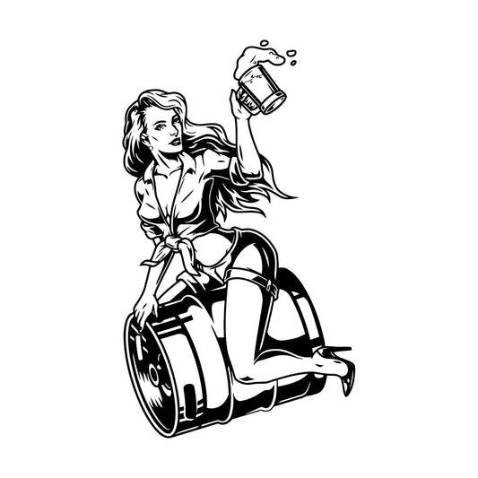 Wall Decals Pin Up Appeal Girl Sitting Beer Barrel Pub Bar Equipped With Transfer Film Kit