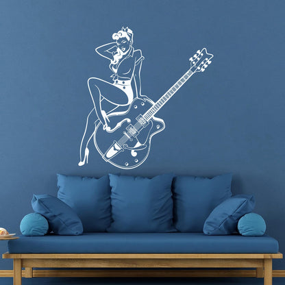 Vinyl Wall Decals Pin Up Style Retro Girl Guitar Musical Instruments Store Easy Installation
