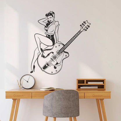 Vinyl Wall Decals Pin Up Style Retro Girl Guitar Musical Instruments Store Easy Installation