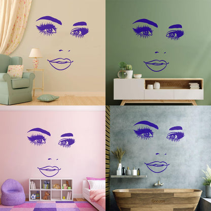 Wall Stickers Woman Face Eyelashes Eyes Lips Beauty Studio Wall Beautification