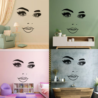 Wall Stickers Woman Face Eyelashes Eyes Lips Beauty Studio Wall Beautification