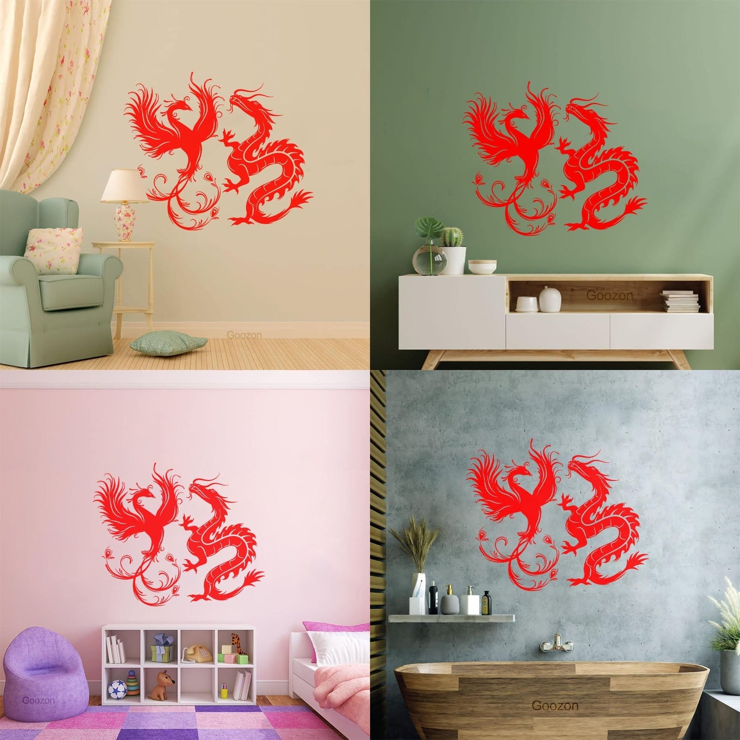 Wall Decals Dragon Phoenix Bird Fantasy Asian Style Multiple Size Options