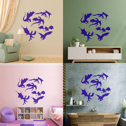 Wall Vinyl Sticker Decor Dragons Silhouette Fantasy Child Kids Art Decoration