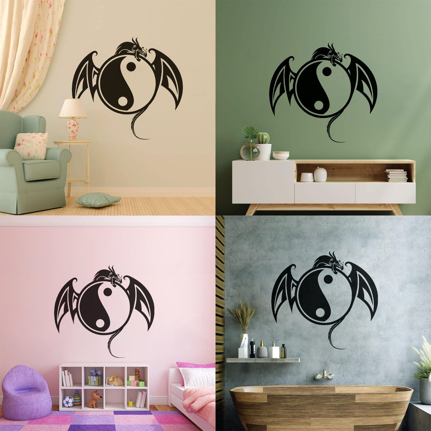 Vinyl Wall Stickers Yin Yang Symbol Asian Dragon Fantasy Animal Self Adhesive