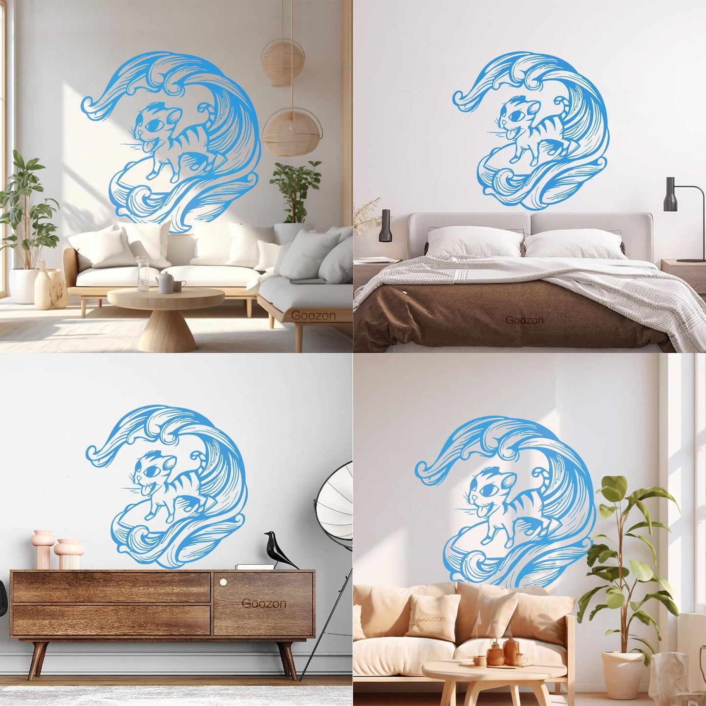 Cat Pet Wave Sea Animal Surfing Wall Vinyl Sticker Decor Equipped With Transfer Film Kit
