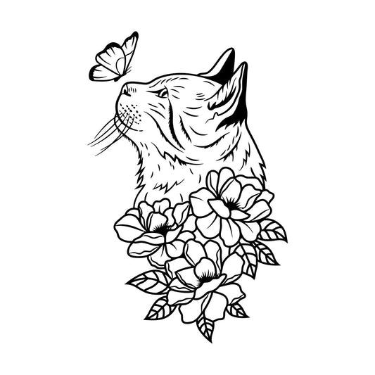 Mural And Wall Vinyl Decal Abstract Cat Head Flowers Butterfly It Won'T Fall Off