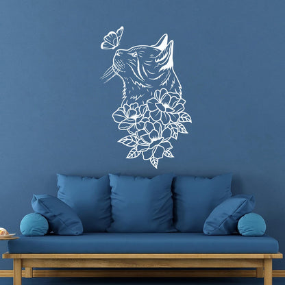 Mural And Wall Vinyl Decal Abstract Cat Head Flowers Butterfly It Won'T Fall Off