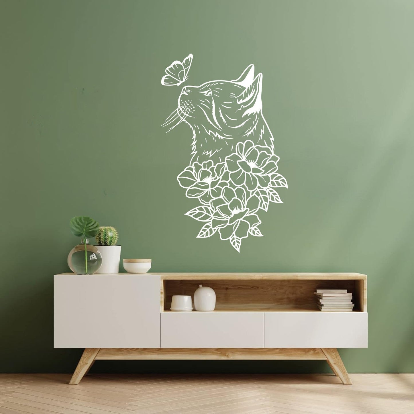 Mural And Wall Vinyl Decal Abstract Cat Head Flowers Butterfly It Won'T Fall Off