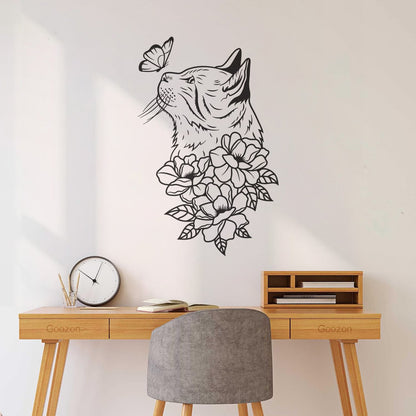 Mural And Wall Vinyl Decal Abstract Cat Head Flowers Butterfly It Won'T Fall Off