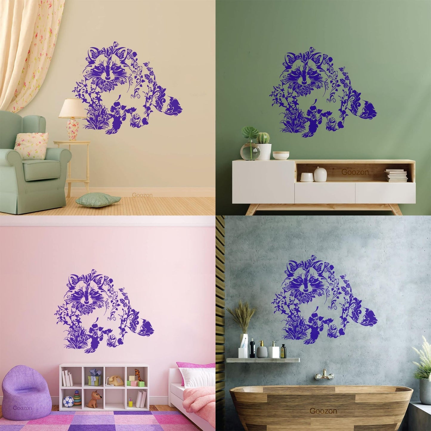 Wall Vinyl Sticker Decor Art Abstract Raccoon Animal Flowers Natural Waterproof