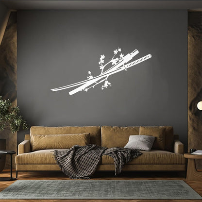 Asian Japanese Catana Sword Sakura Branch Flowers Wall Decals Pvc Window Decals