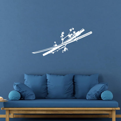 Asian Japanese Catana Sword Sakura Branch Flowers Wall Decals Pvc Window Decals