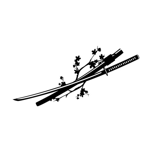 Asian Japanese Catana Sword Sakura Branch Flowers Wall Decals Pvc Window Decals