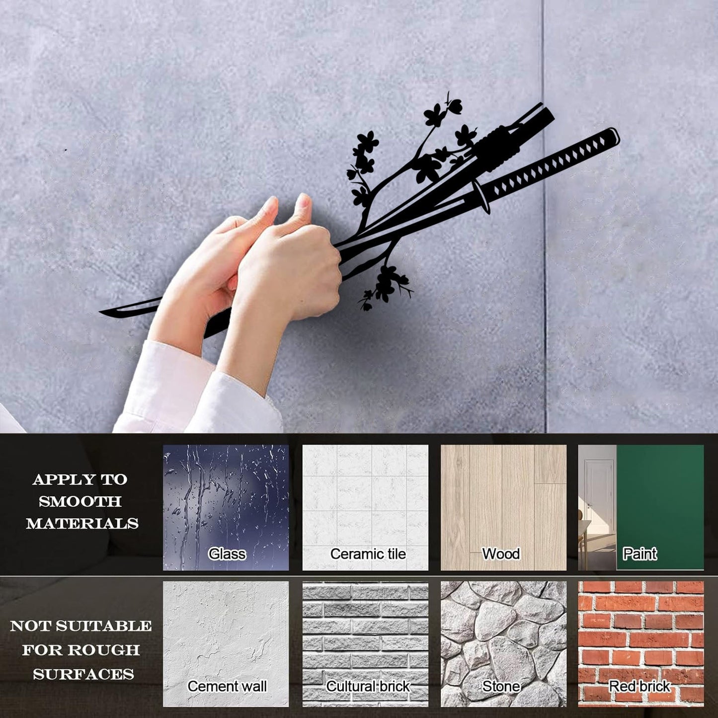 Asian Japanese Catana Sword Sakura Branch Flowers Wall Decals Pvc Window Decals