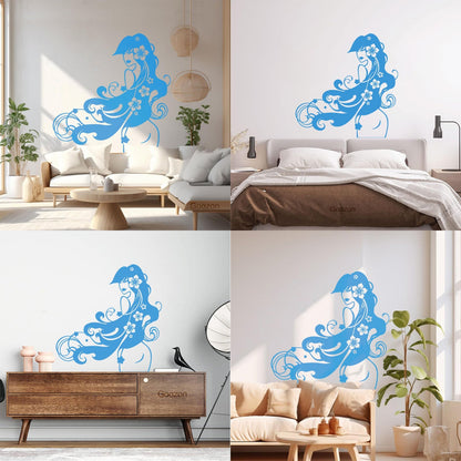 Vinyl Wall Decals Barber Beauty Salon Stylist Long Hair Flowers Self Adhesive