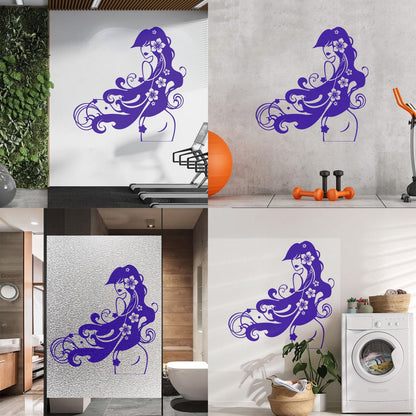 Vinyl Wall Decals Barber Beauty Salon Stylist Long Hair Flowers Self Adhesive