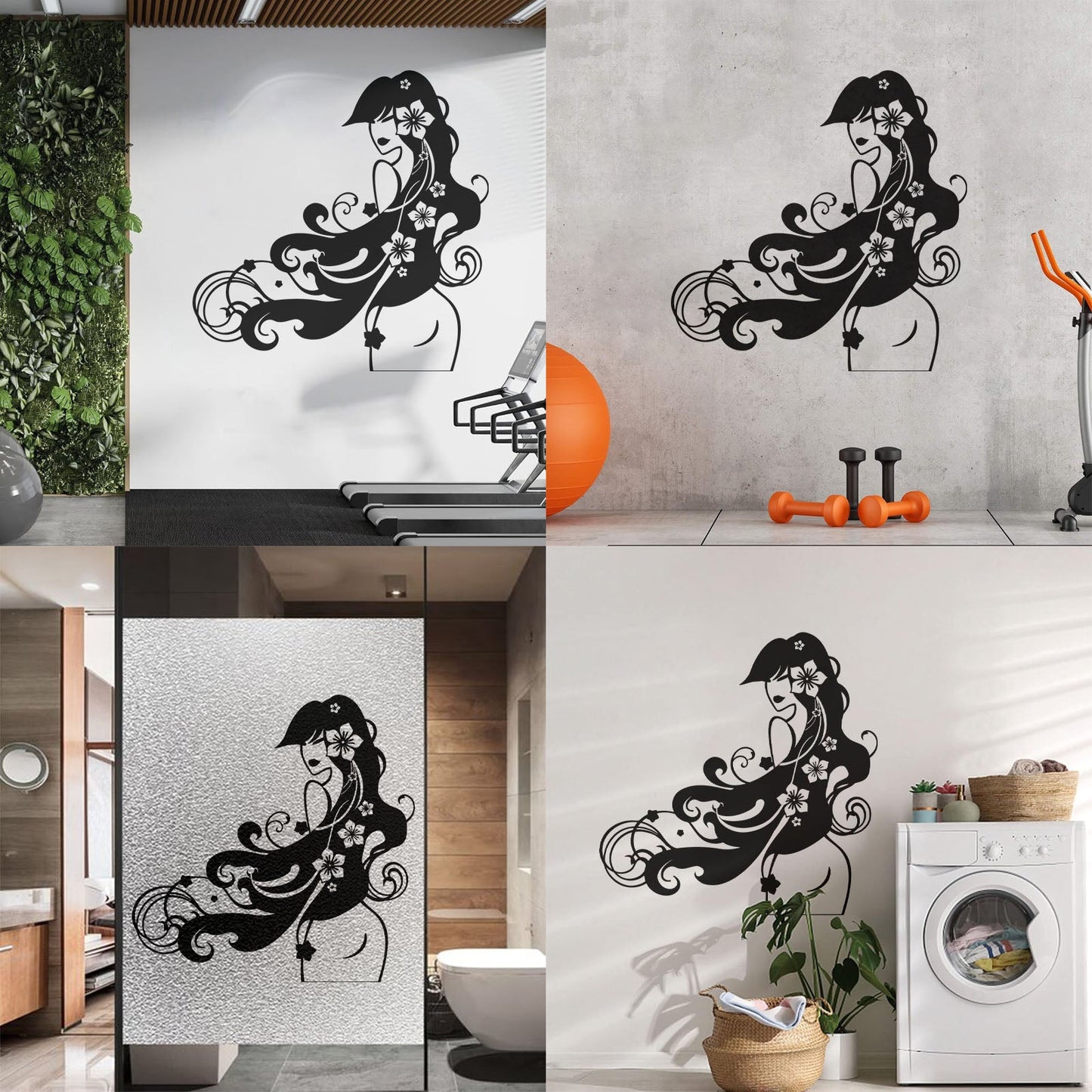 Vinyl Wall Decals Barber Beauty Salon Stylist Long Hair Flowers Self Adhesive