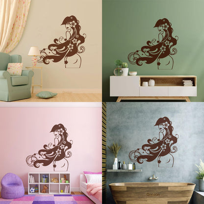 Vinyl Wall Decals Barber Beauty Salon Stylist Long Hair Flowers Self Adhesive