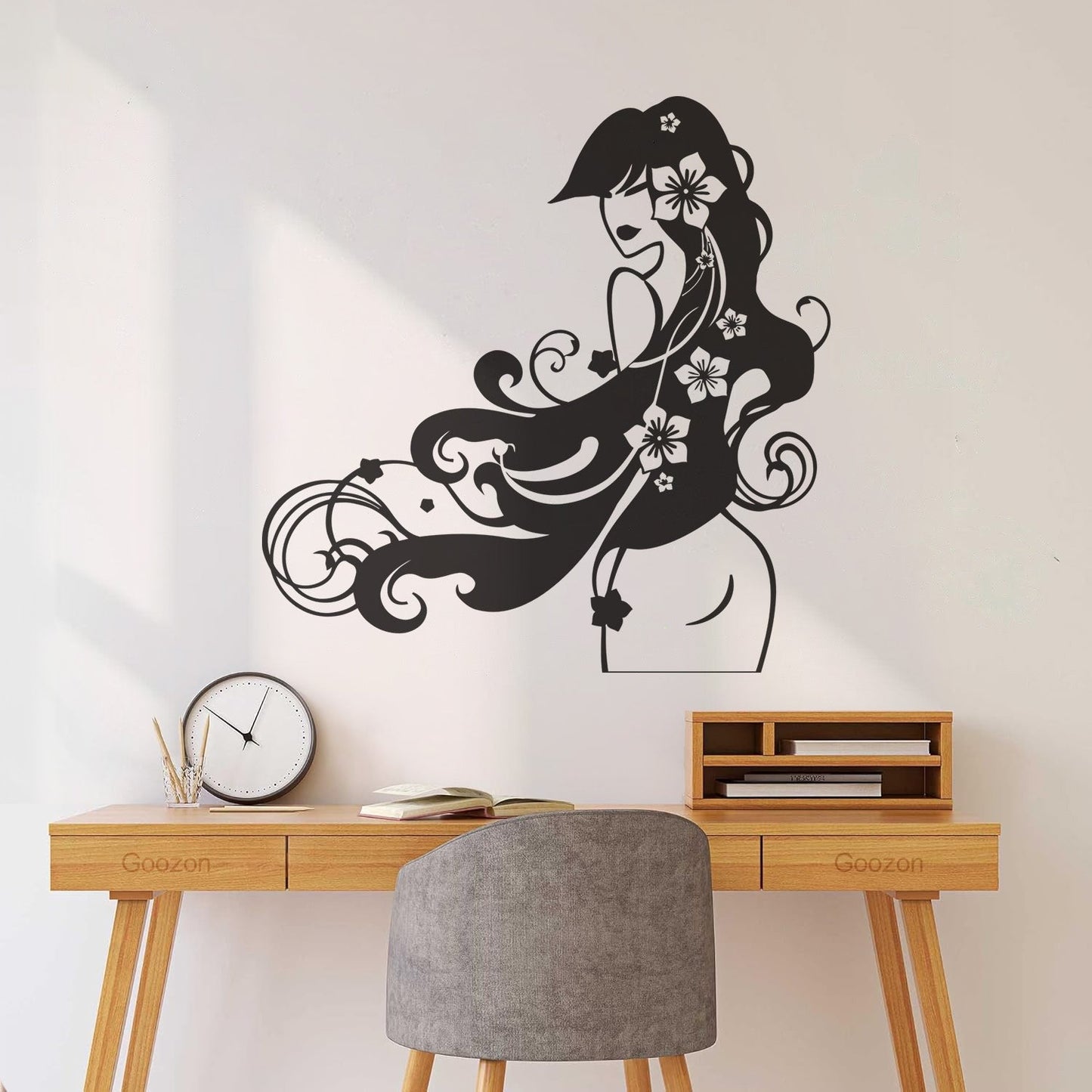 Vinyl Wall Decals Barber Beauty Salon Stylist Long Hair Flowers Self Adhesive