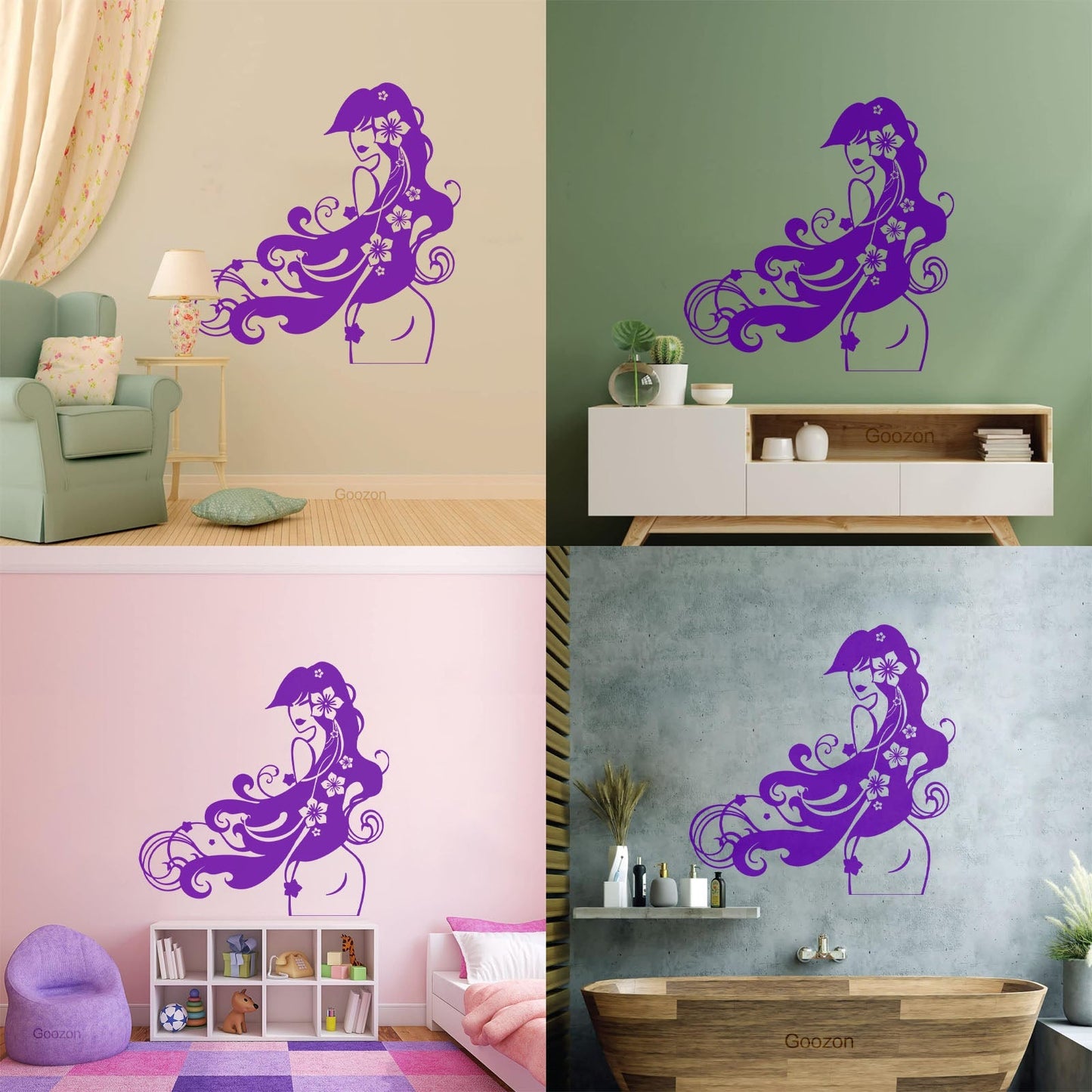 Vinyl Wall Decals Barber Beauty Salon Stylist Long Hair Flowers Self Adhesive