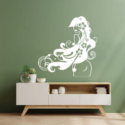 Vinyl Wall Decals Barber Beauty Salon Stylist Long Hair Flowers Self Adhesive