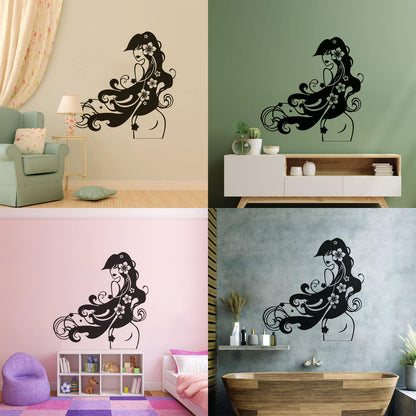 Vinyl Wall Decals Barber Beauty Salon Stylist Long Hair Flowers Self Adhesive
