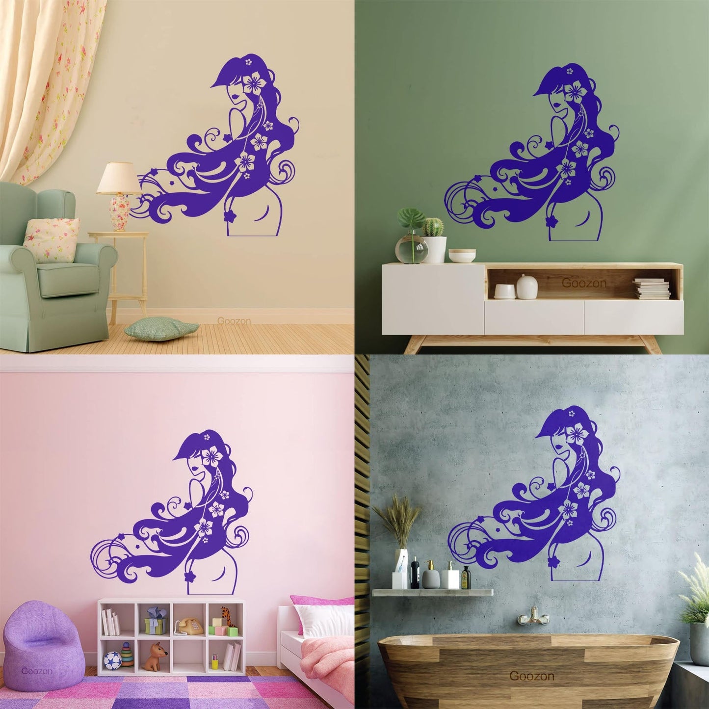 Vinyl Wall Decals Barber Beauty Salon Stylist Long Hair Flowers Self Adhesive