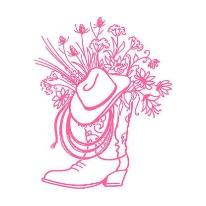 Vinyl Wall Stickers Cowboy Boot Hat With Square Vase Flowers Multi Color Selection