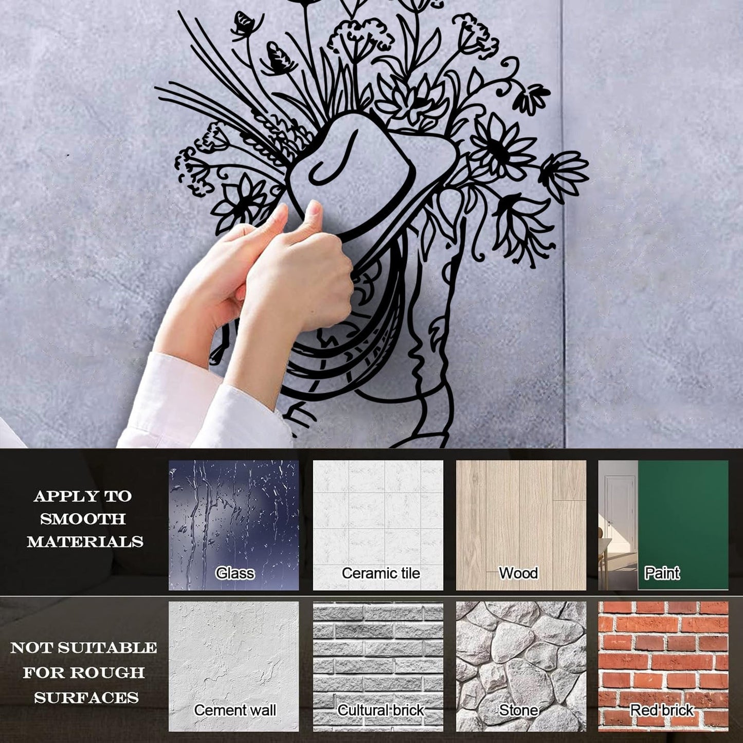 Vinyl Wall Stickers Cowboy Boot Hat With Square Vase Flowers Multi Color Selection