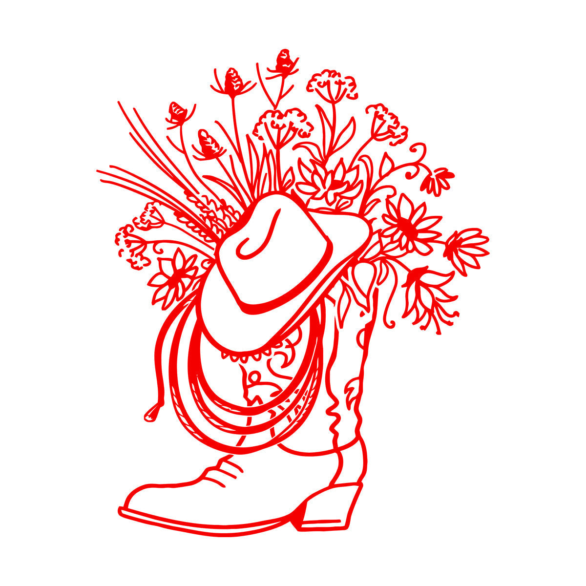 Vinyl Wall Stickers Cowboy Boot Hat With Square Vase Flowers Multi Color Selection