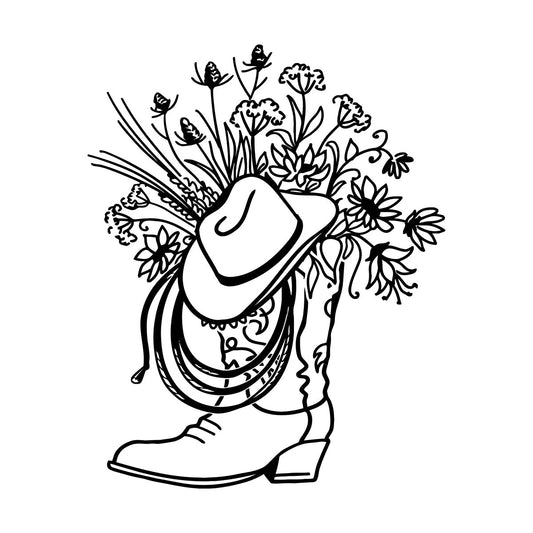 Vinyl Wall Stickers Cowboy Boot Hat With Square Vase Flowers Multi Color Selection