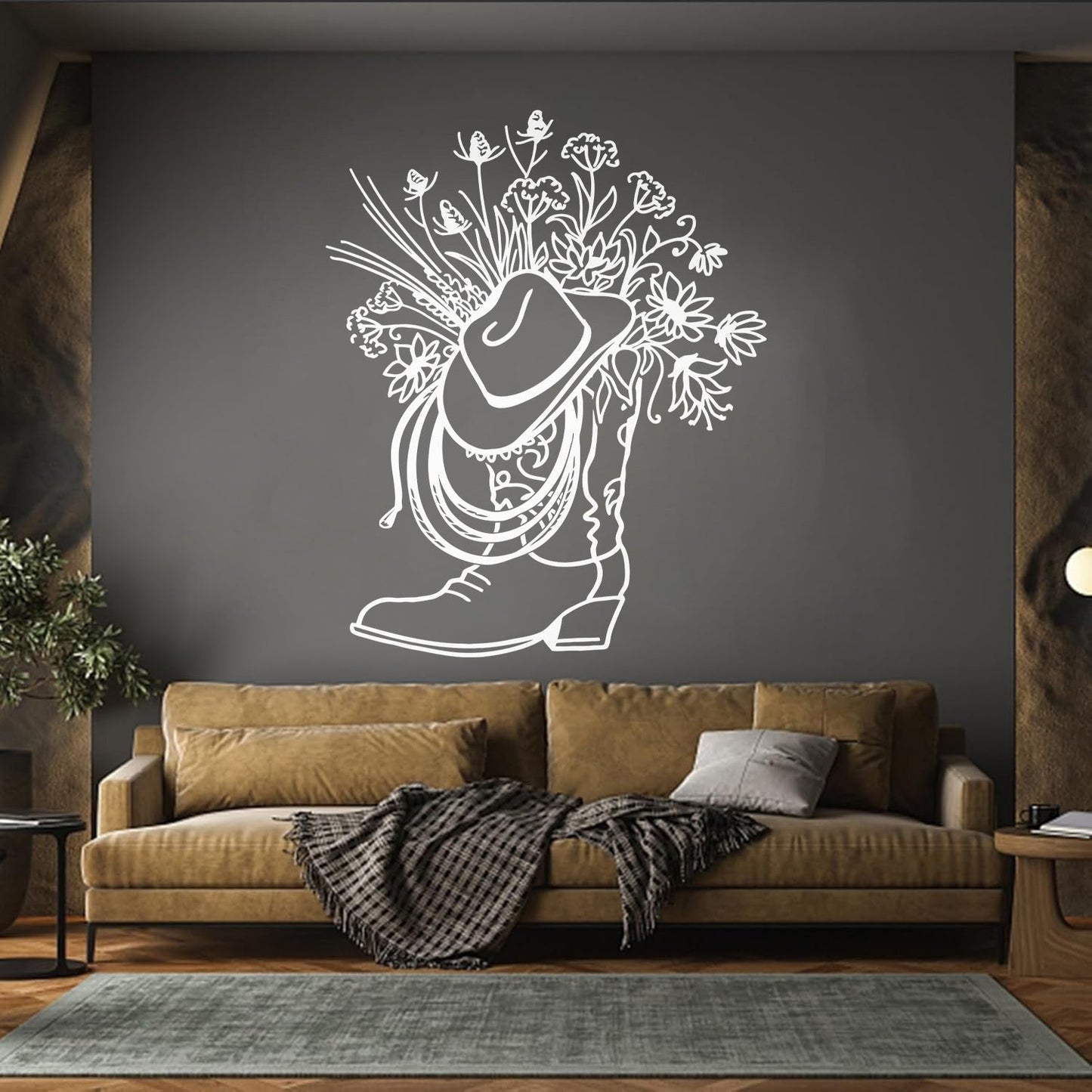 Vinyl Wall Stickers Cowboy Boot Hat With Square Vase Flowers Multi Color Selection