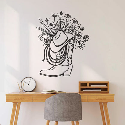 Vinyl Wall Stickers Cowboy Boot Hat With Square Vase Flowers Multi Color Selection