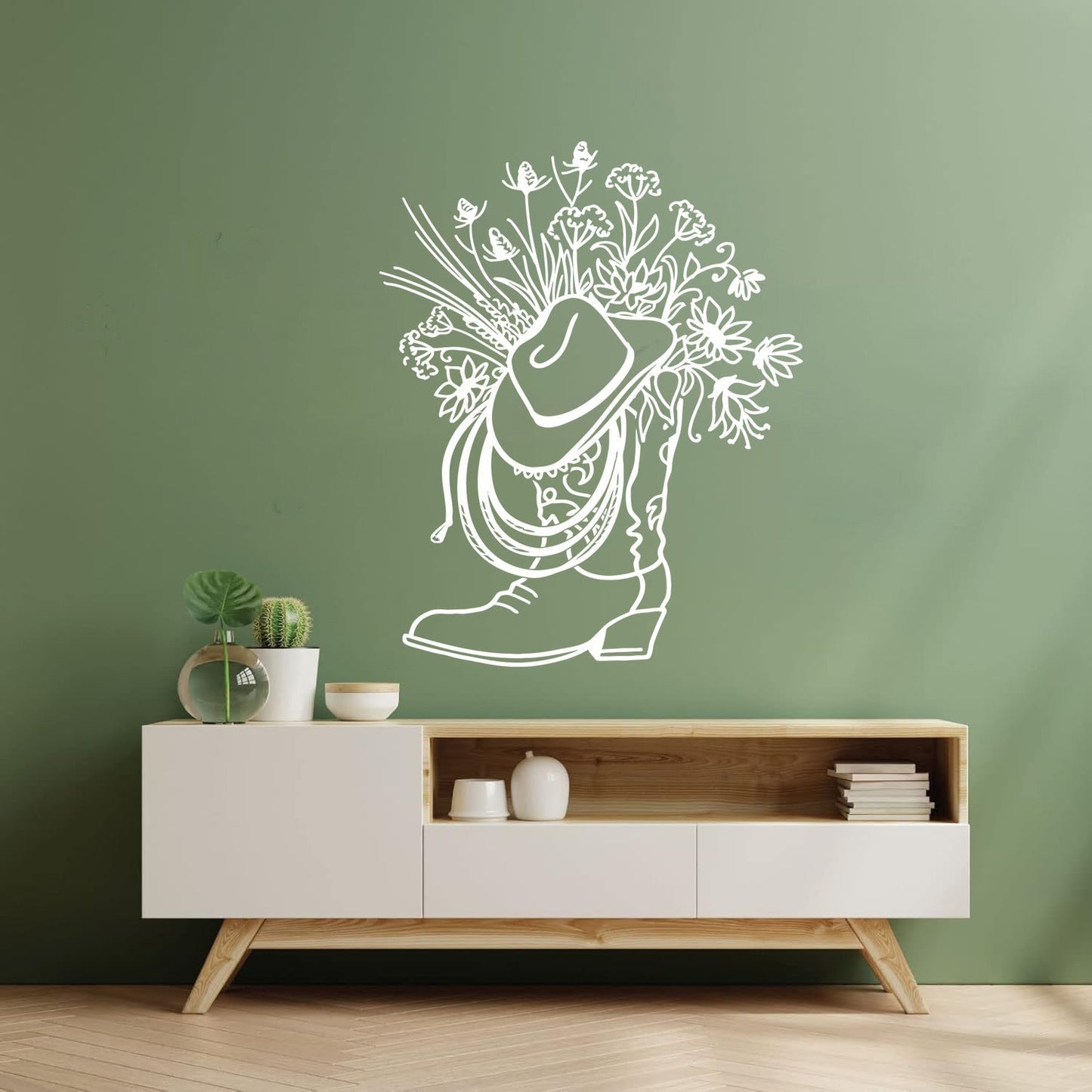 Vinyl Wall Stickers Cowboy Boot Hat With Square Vase Flowers Multi Color Selection