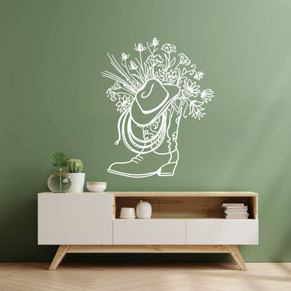 Vinyl Wall Stickers Cowboy Boot Hat With Square Vase Flowers Multi Color Selection