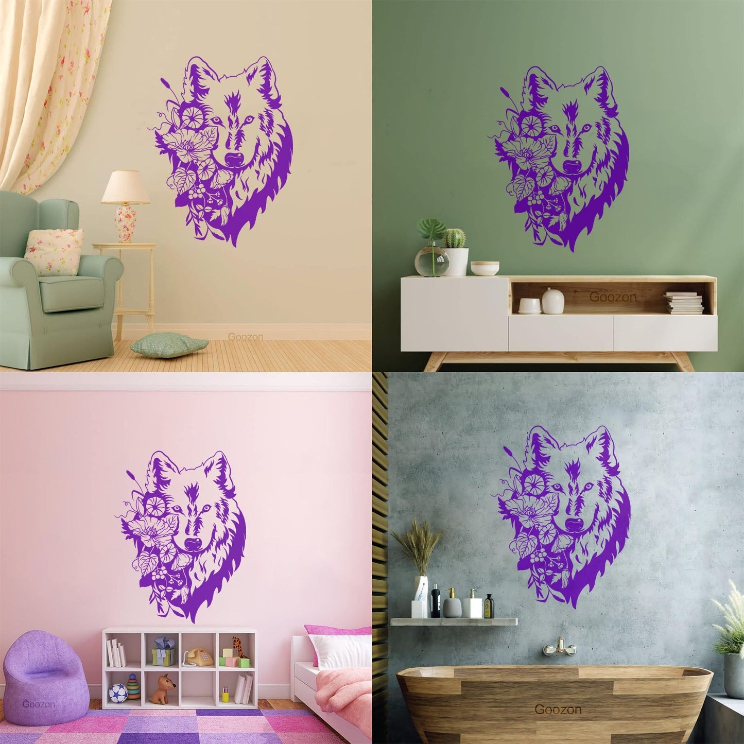 Wall Decals Pvc Flowers Floral Head Portrait Tribal Wolf Equipped With Transfer Film Kit