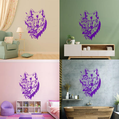 Wall Decals Pvc Flowers Floral Head Portrait Tribal Wolf Equipped With Transfer Film Kit
