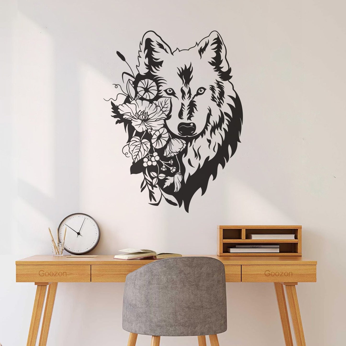 Wall Decals Pvc Flowers Floral Head Portrait Tribal Wolf Equipped With Transfer Film Kit