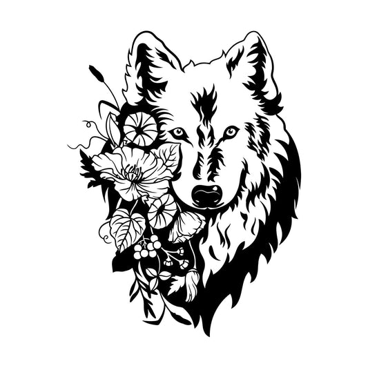 Wall Decals Pvc Flowers Floral Head Portrait Tribal Wolf Equipped With Transfer Film Kit
