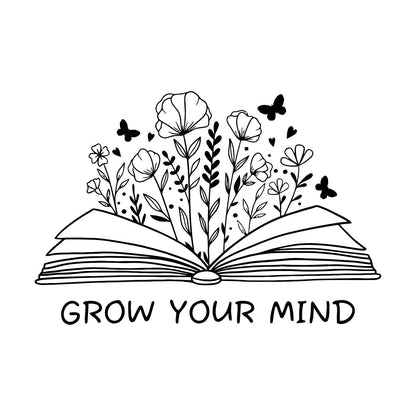 Fine Carving Decals Grow Your Mind Library Slogan Open Book Flowers Wall Beautification