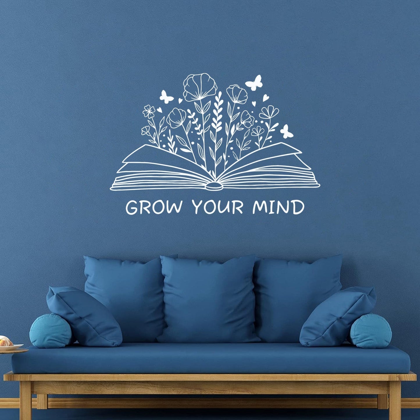 Fine Carving Decals Grow Your Mind Library Slogan Open Book Flowers Wall Beautification